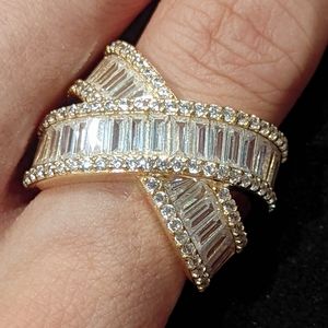 Cubic zirconia baguette criss-cross cocktail ring. Size 7